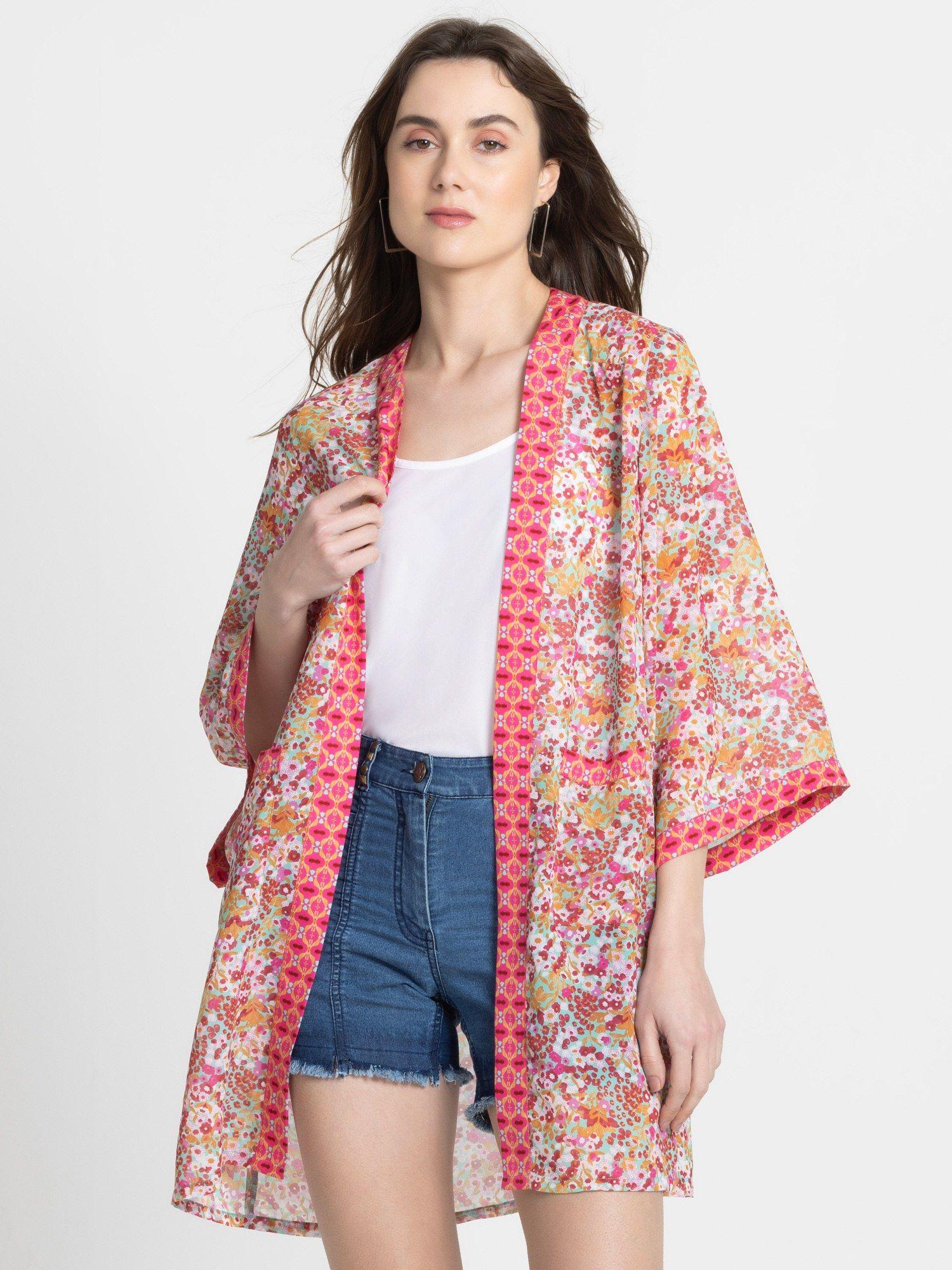 shawl collar pink floral print long sleeves casual shrug for women