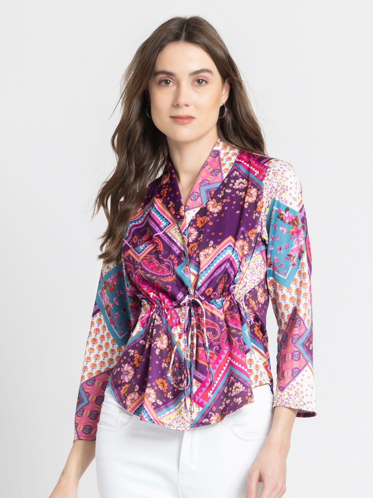 shawl collar purple floral printed bell sleeves casual shirt for women