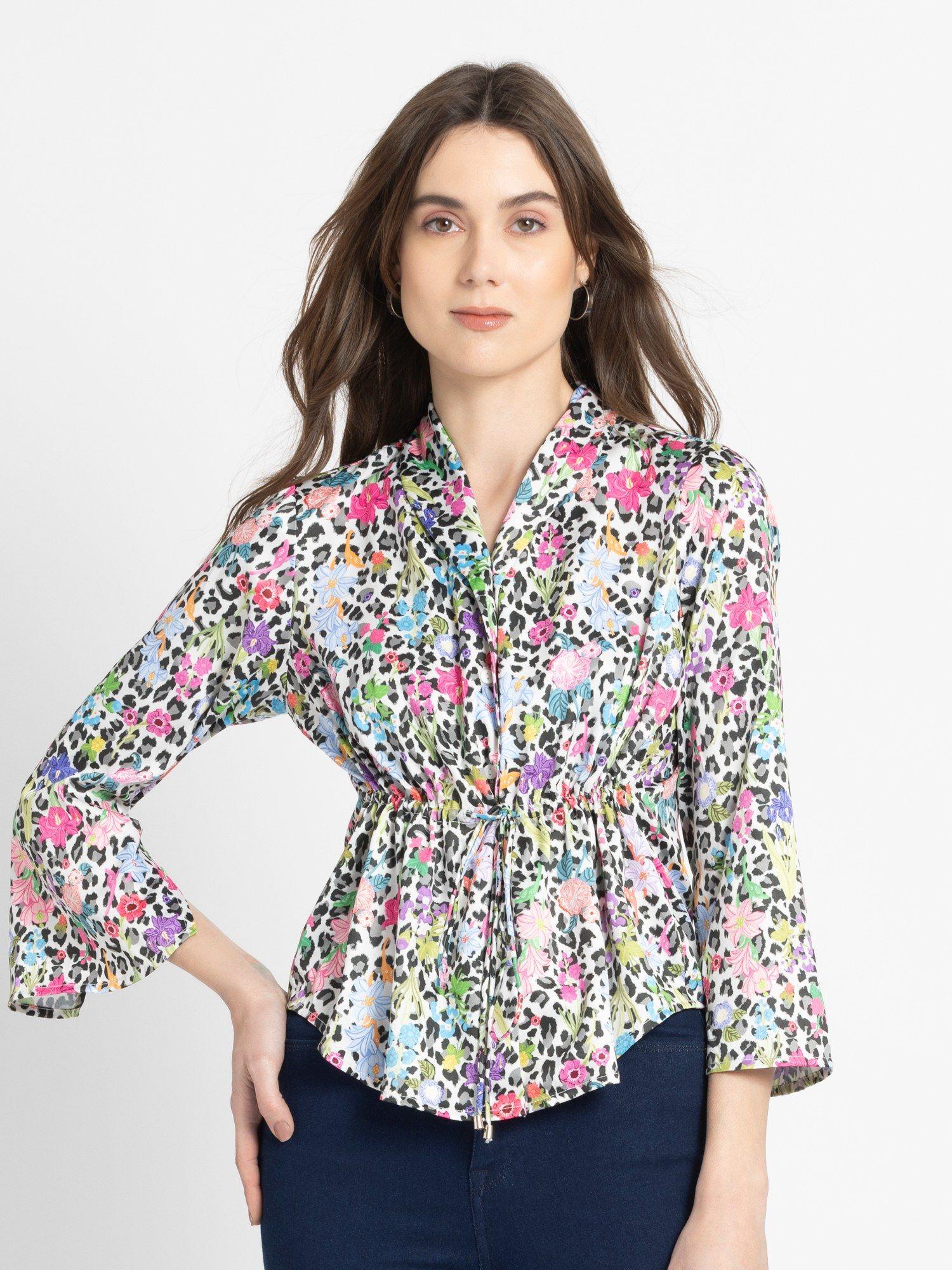 shawl collar white floral print bell sleeves casual shirt for women