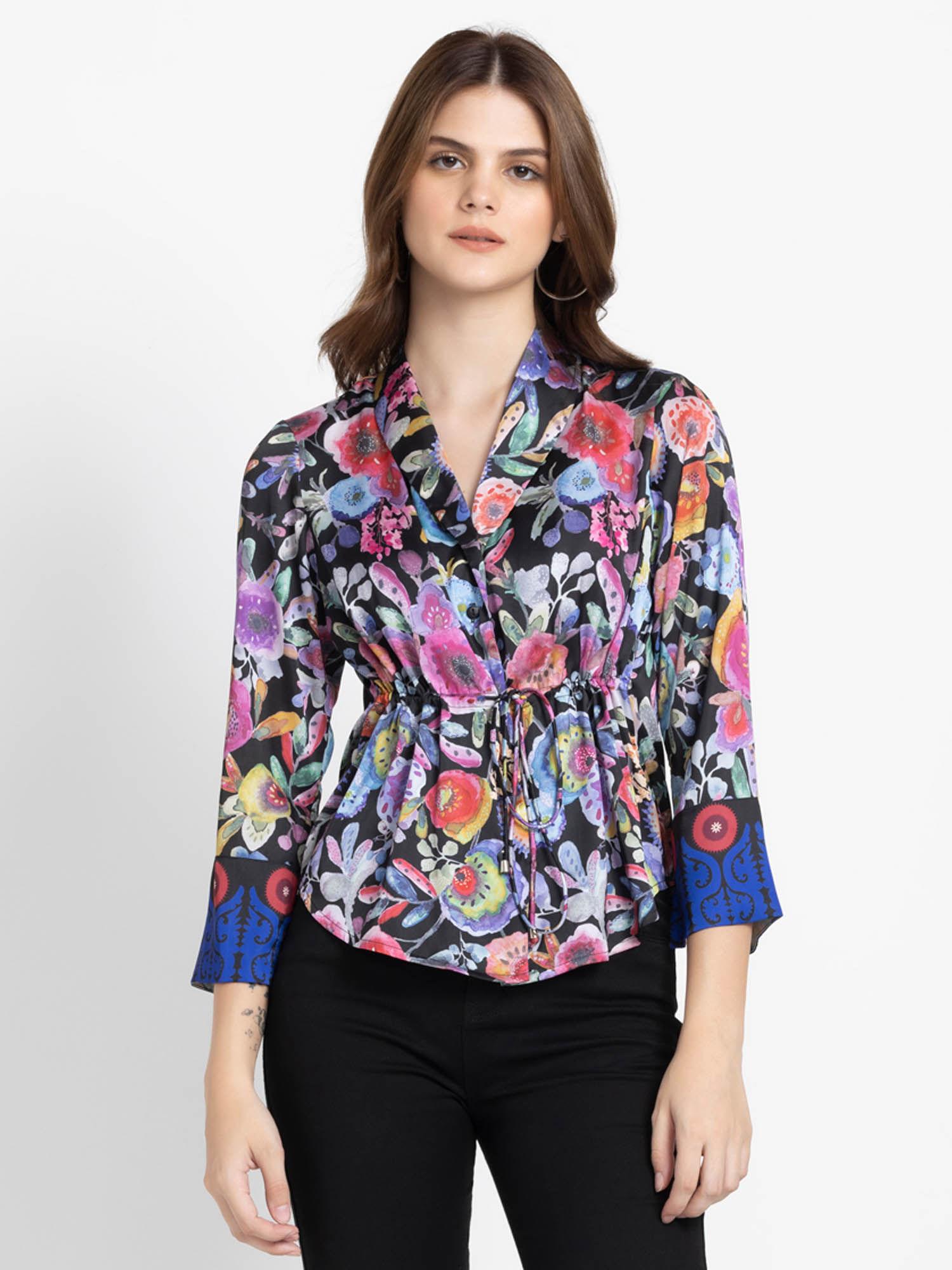 shawl lapel black floral print three fourth sleeves casual tops for women