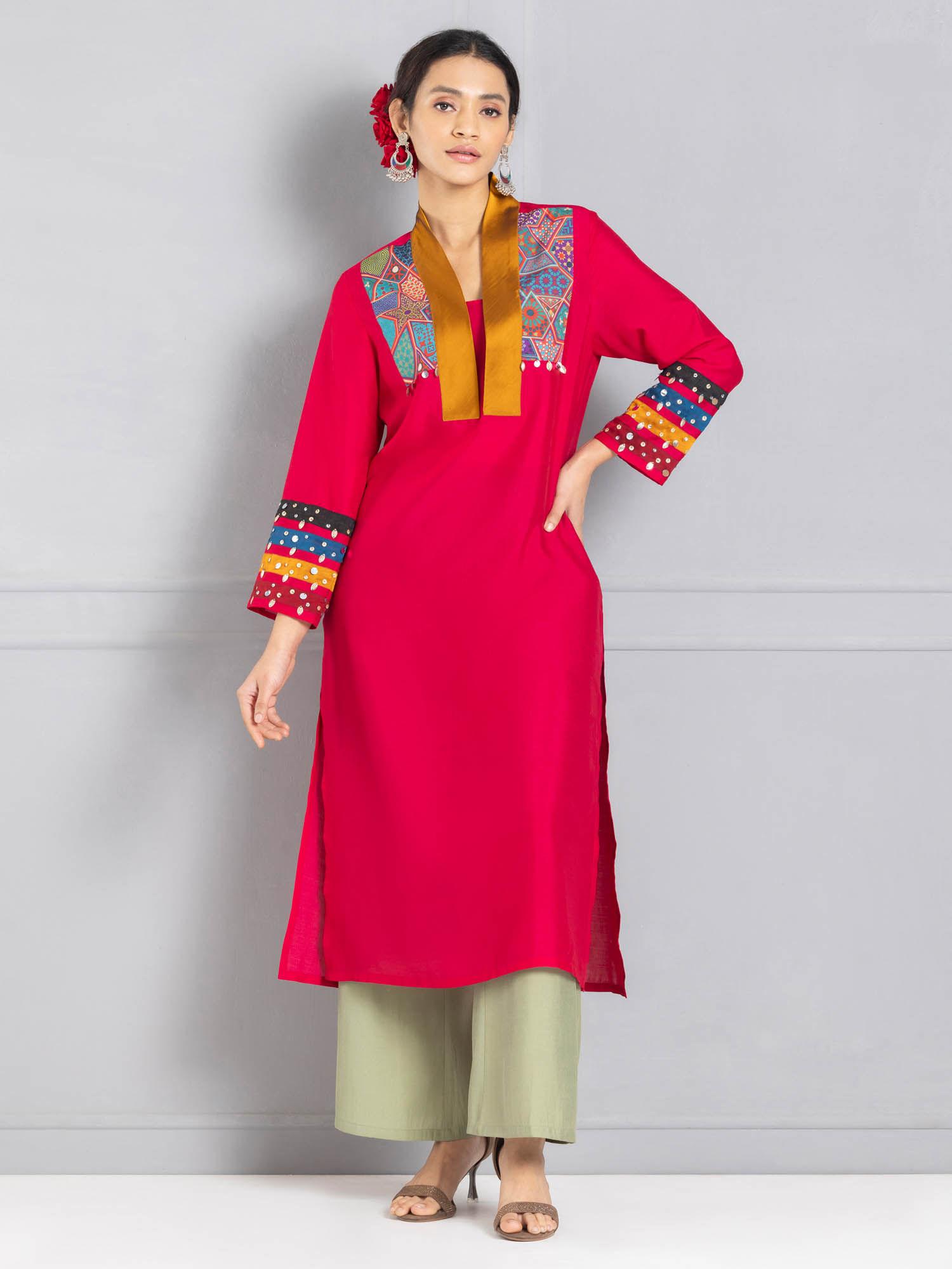 shawl neck pink printed & sequinned long sleeves ethnic kurta for women