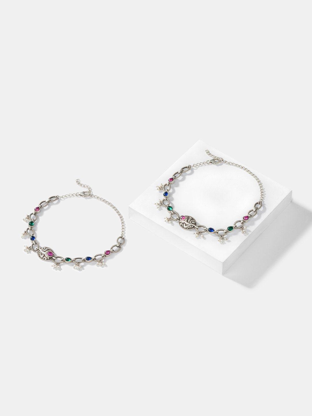 shaya 92.5 sterling silver stone-studded oxidised anklets