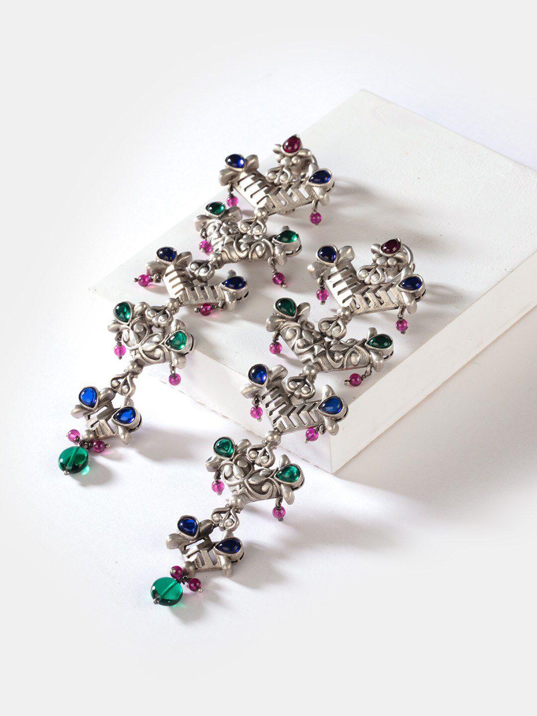 shaya silver-toned & green 925 silver oxidised classic drop earrings