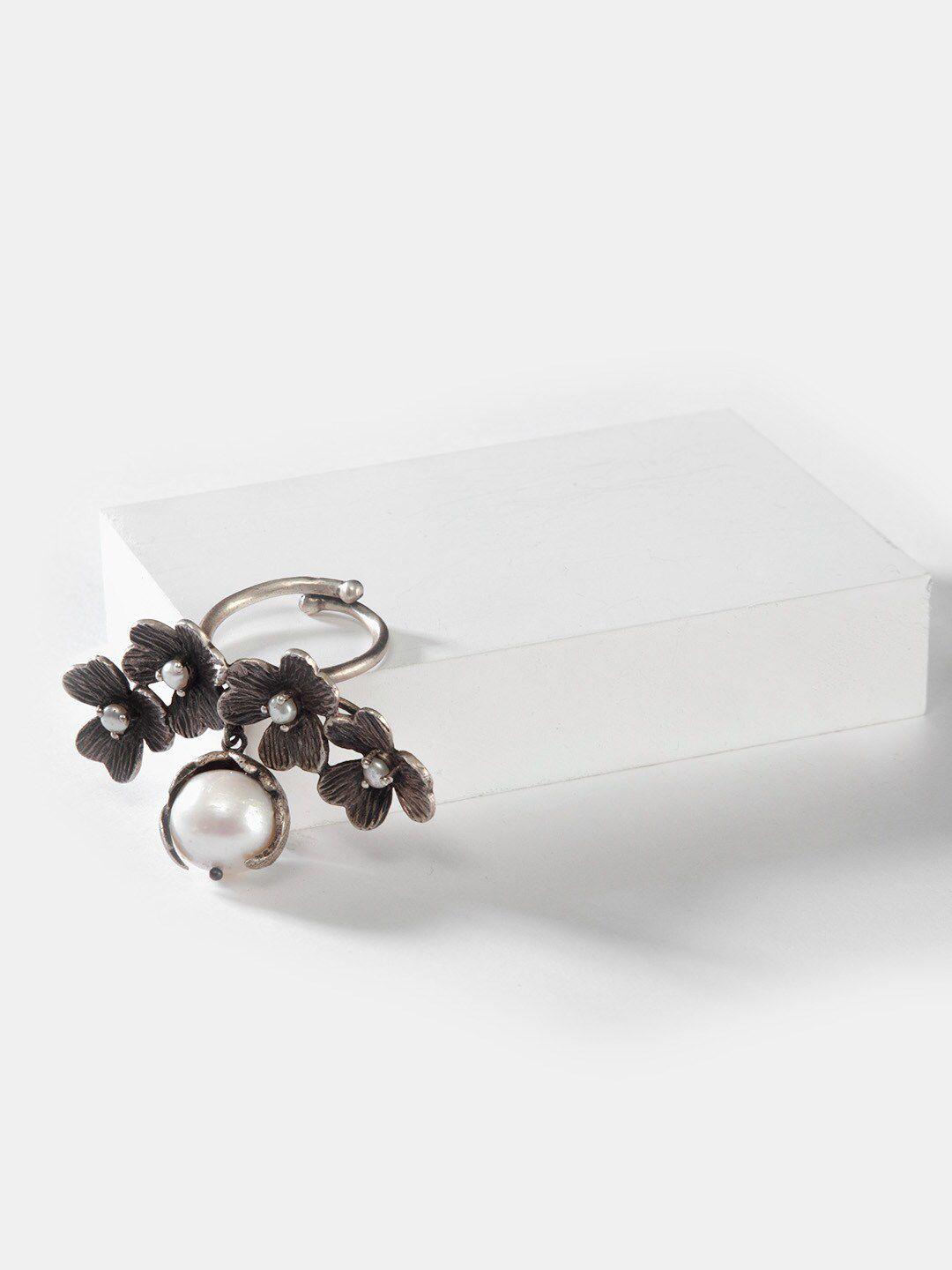 shaya 925 silver oxidized silver-toned & white beaded adjustable finger ring