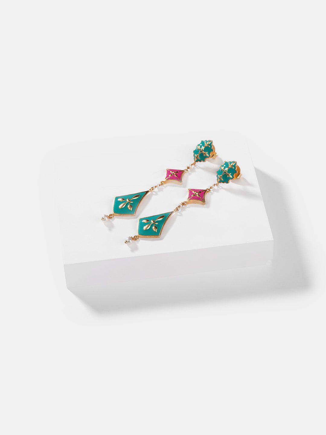 shaya gold-plated pink & green enamelled drop earrings