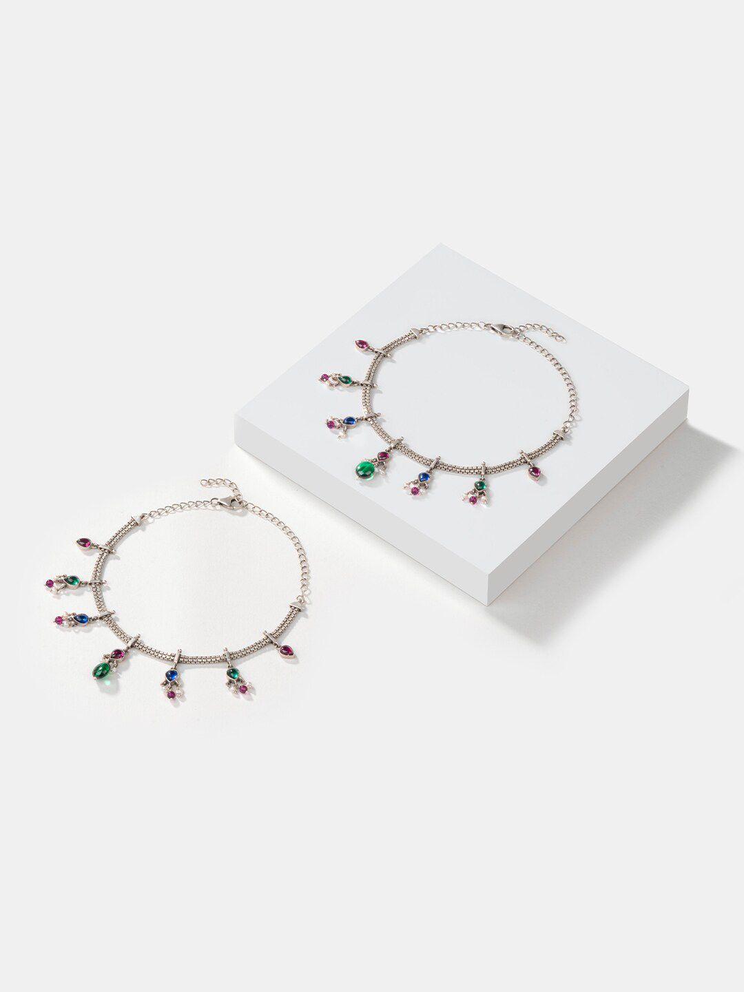 shaya set of 2 92.5 sterling silver stone-studded & beaded anklets