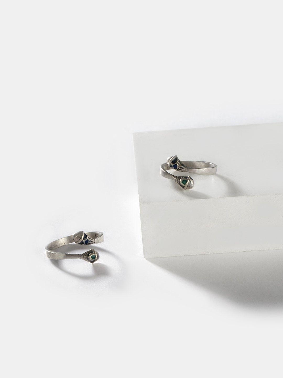 shaya set of 2 oxidised silver enamelled toe rings