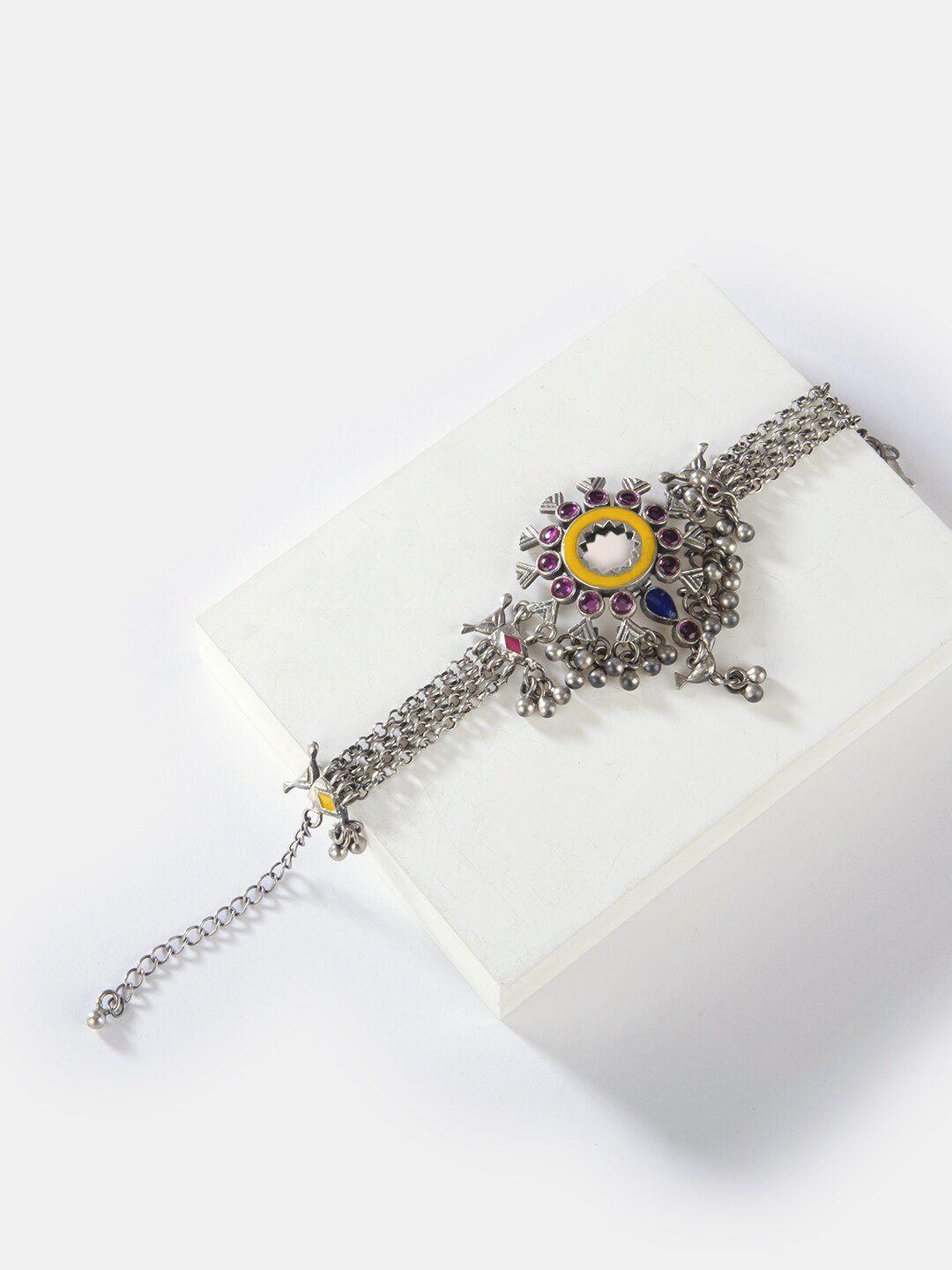 shaya women silver-toned & stone studded oxidised charm bracelet