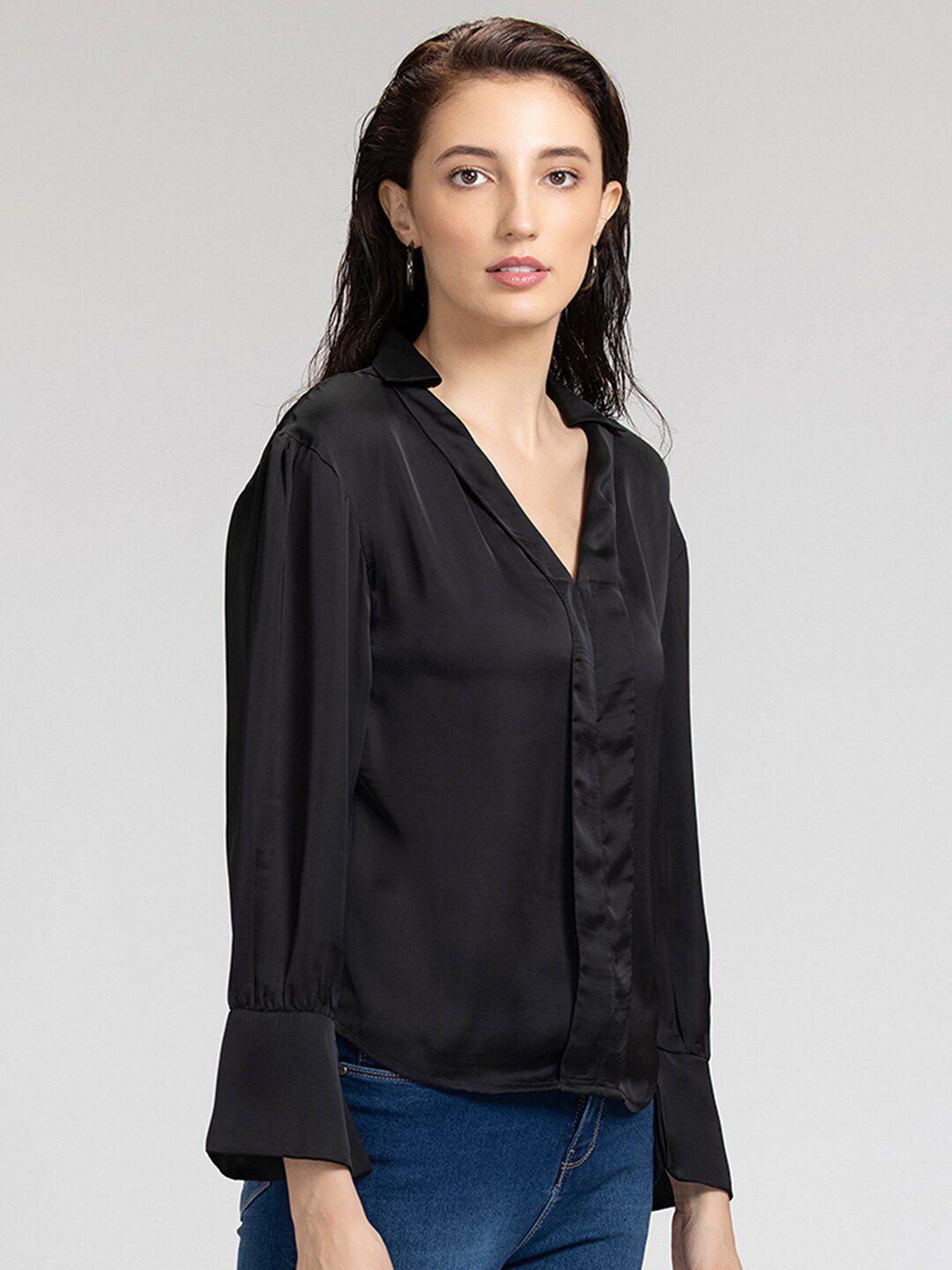 shaye black solid long sleeves casual shirt style top
