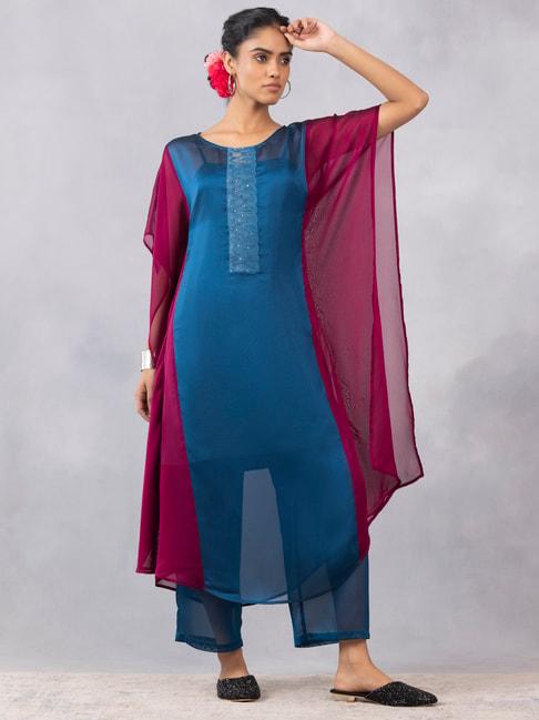 shaye blue silk embellished kaftan kurta with trousers & slip