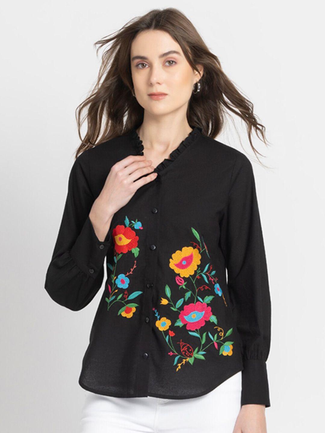 shaye floral embroidered cuffed sleeves cotton shirt style top