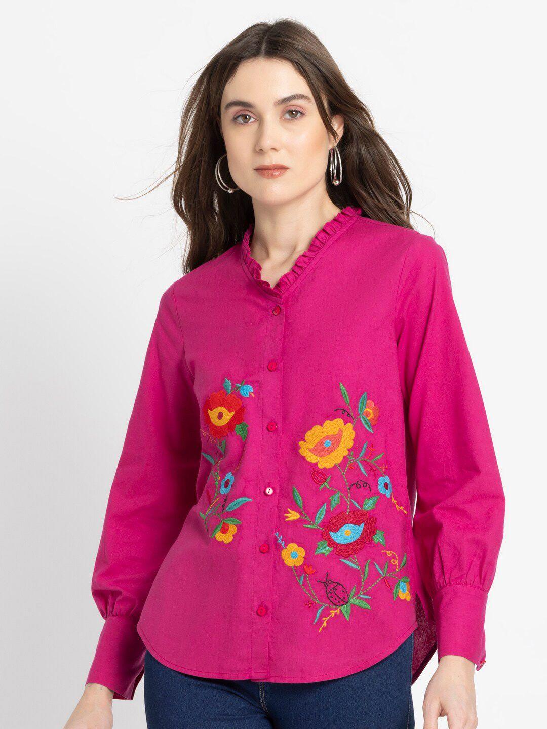 shaye floral embroidered cuffed sleeves cotton shirt style top