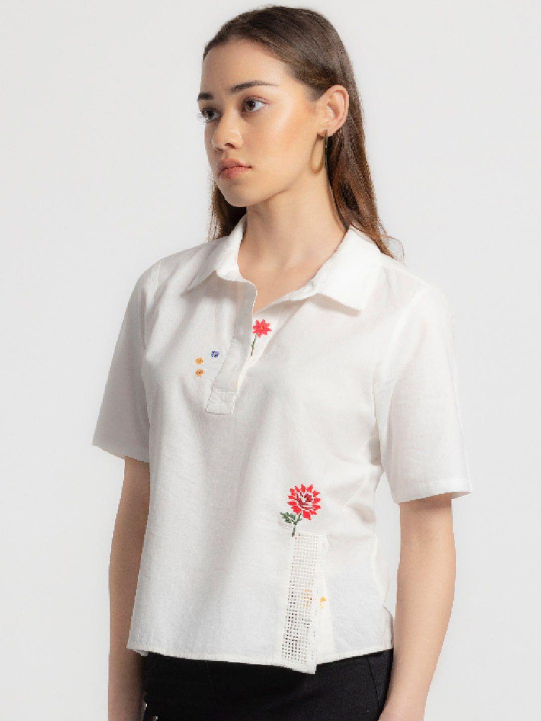 shaye shirt collar side slit floral embroidered cotton top
