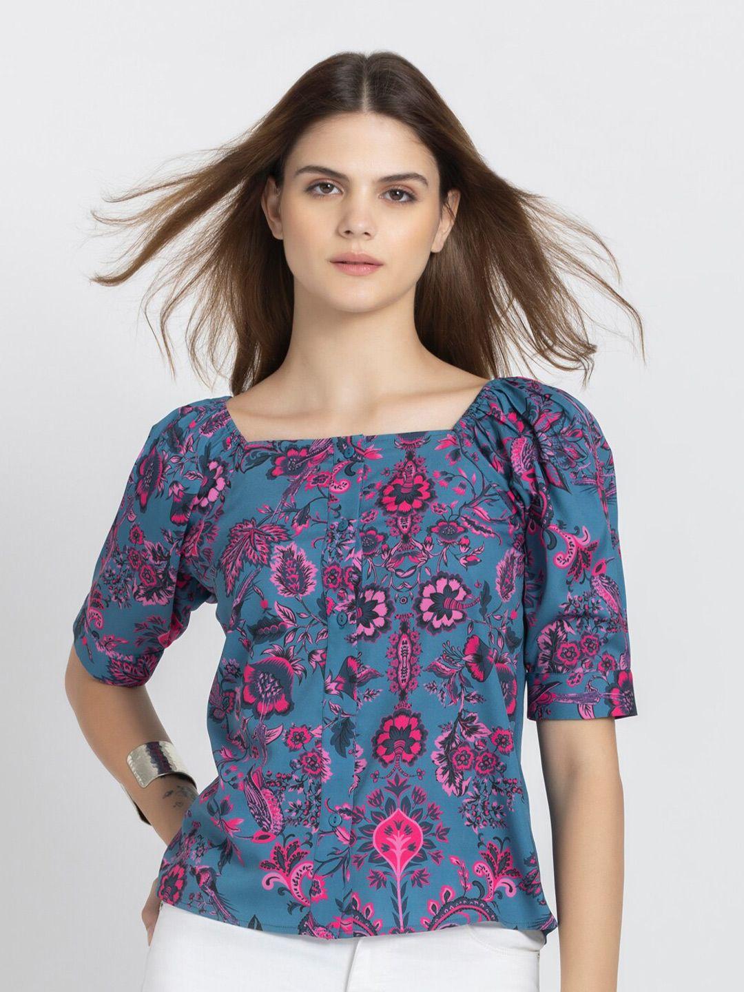 shaye square neck short sleeves floral print crepe top