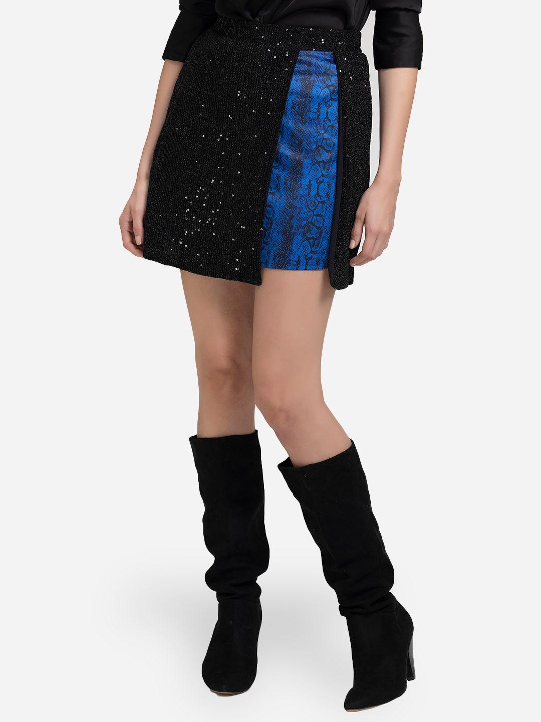 shaye women black & blue snake skin print embellished mini skirt