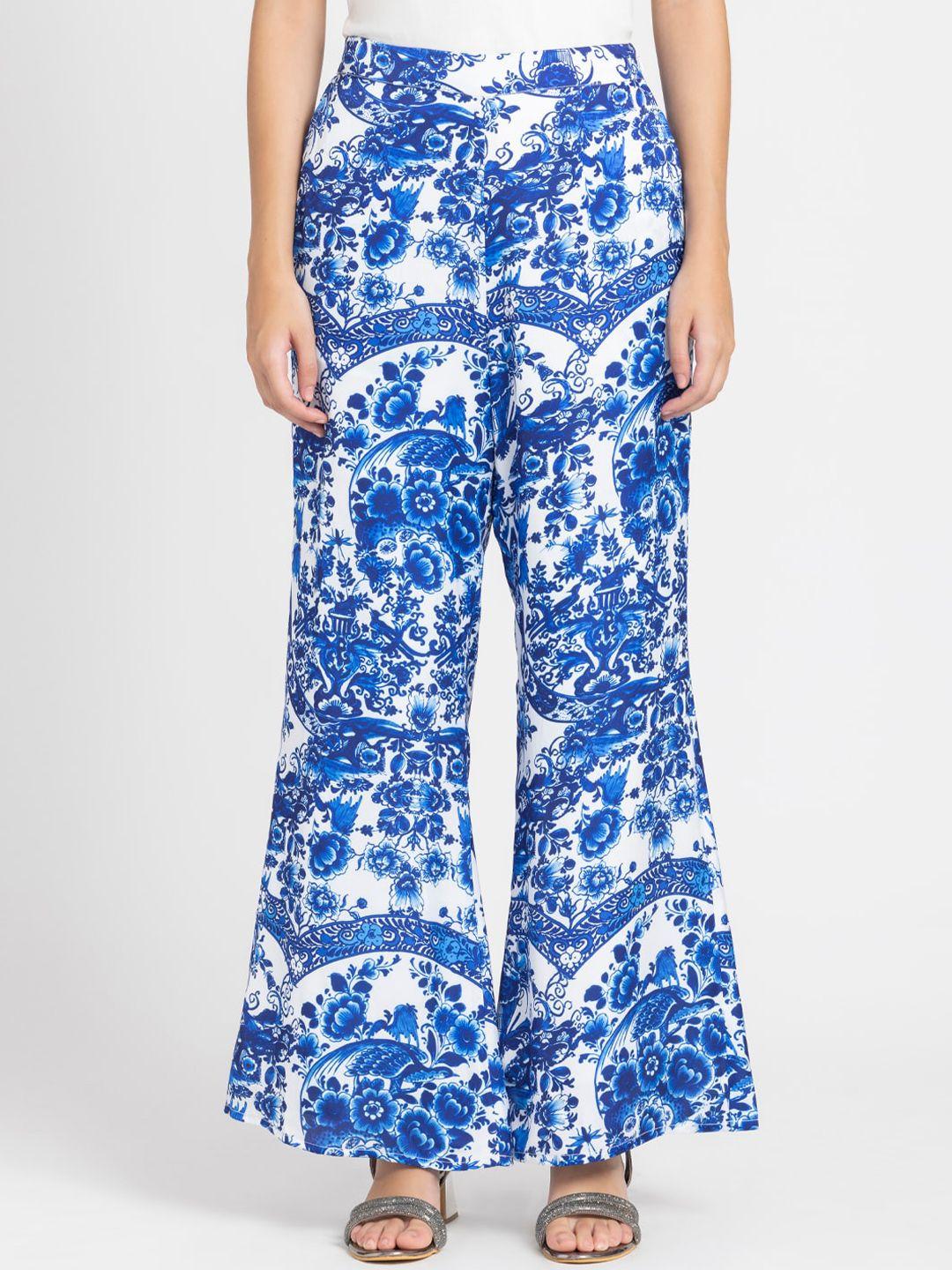shaye women blue floral printed smart loose fit trousers