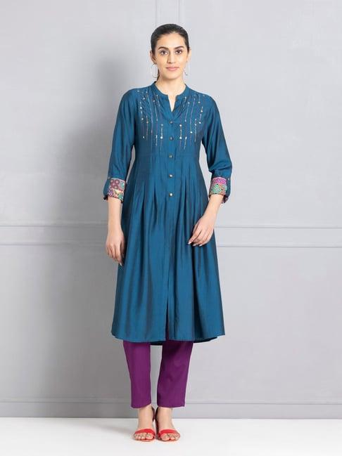 shaye band collar teal embellished long sleeves ethnic kurtas for women