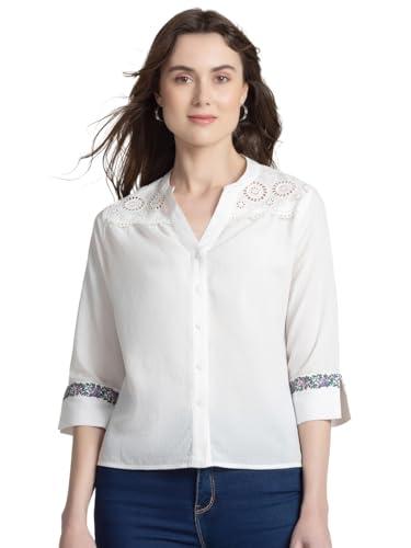 shaye band collar white embroidered three-quarter sleeves casual tops for women