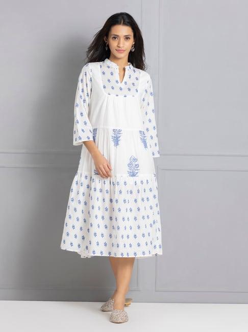 shaye band collar white printed three-quarter sleeves ethnic dress for women