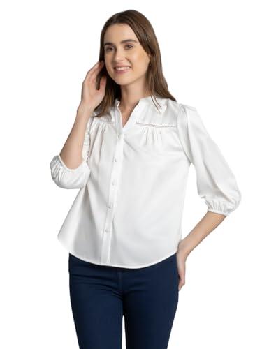 shaye band collar white solid three-quarter sleeves casual shirt for women