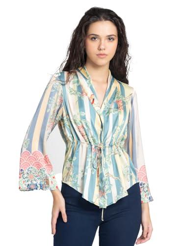 shaye beige casual 3/4th sleeves v-neck printed shirt for women