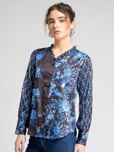 shaye black & blue floral print shirt