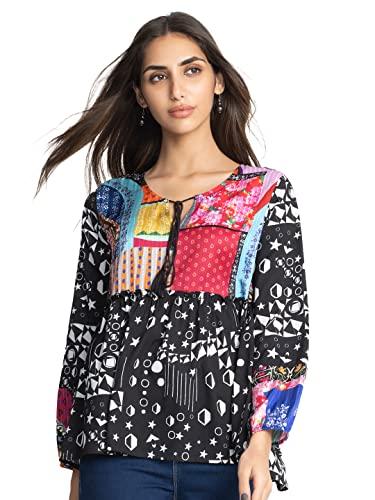 shaye black casual full sleeves tie-up neck geometric printed top for women