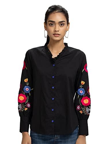 shaye black casual full sleeves v-neck solid cotton top for women