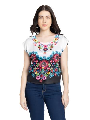 shaye black casual short sleeves boat neck floral top for women