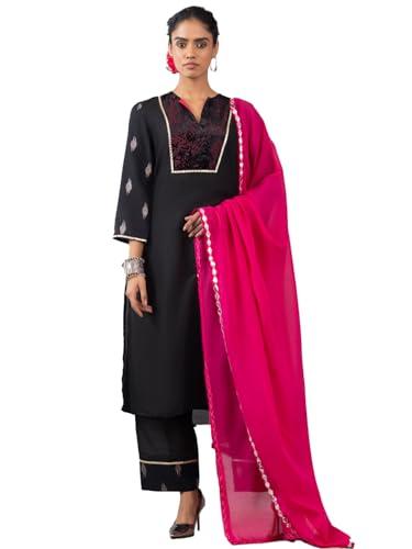 shaye black ethnic round neck ikat print kurta and pant set with dupatta for women