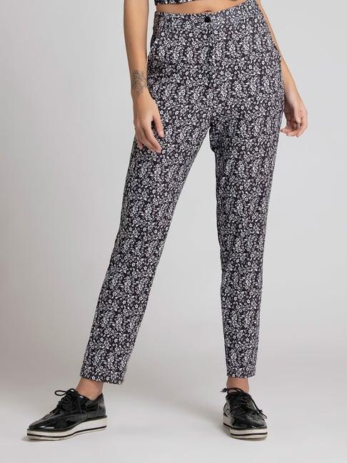 shaye black floral print relaxed fit mid rise trousers