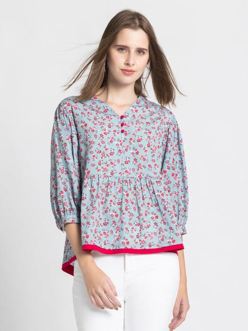 shaye blue & pink linen floral print top