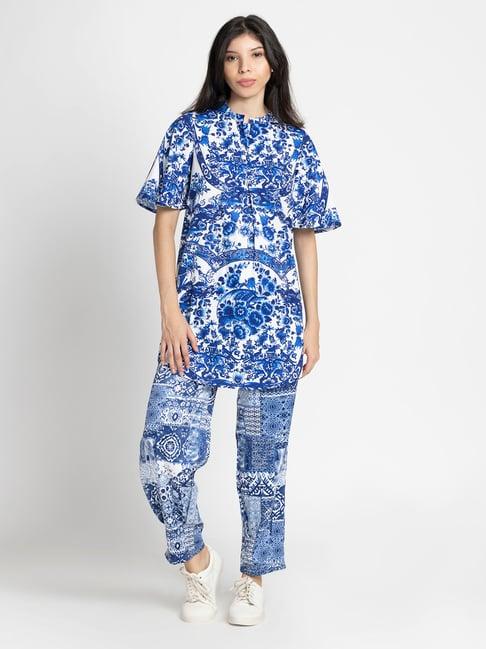 shaye blue & white floral print kurta with pants