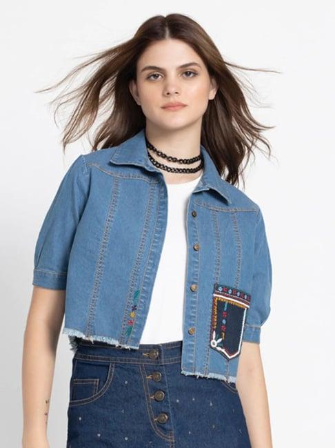 shaye blue denim embroidered crop shirt