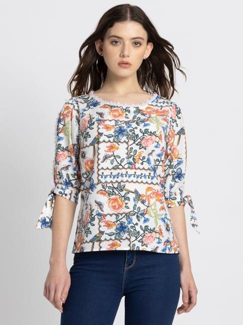 shaye boat neck white floral print three-quarter sleeves casual tops for women