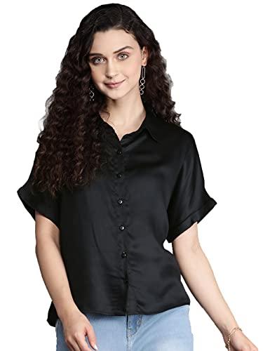 shaye button-down collar black solid short sleeves casual shirt for women