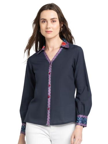 shaye button down collar navy blue floral print long sleeves casual shirts for women