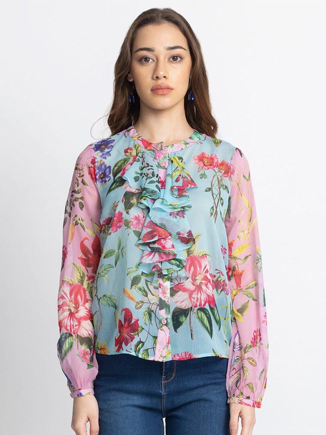 shaye classic floral printed ruffled shirt styled top