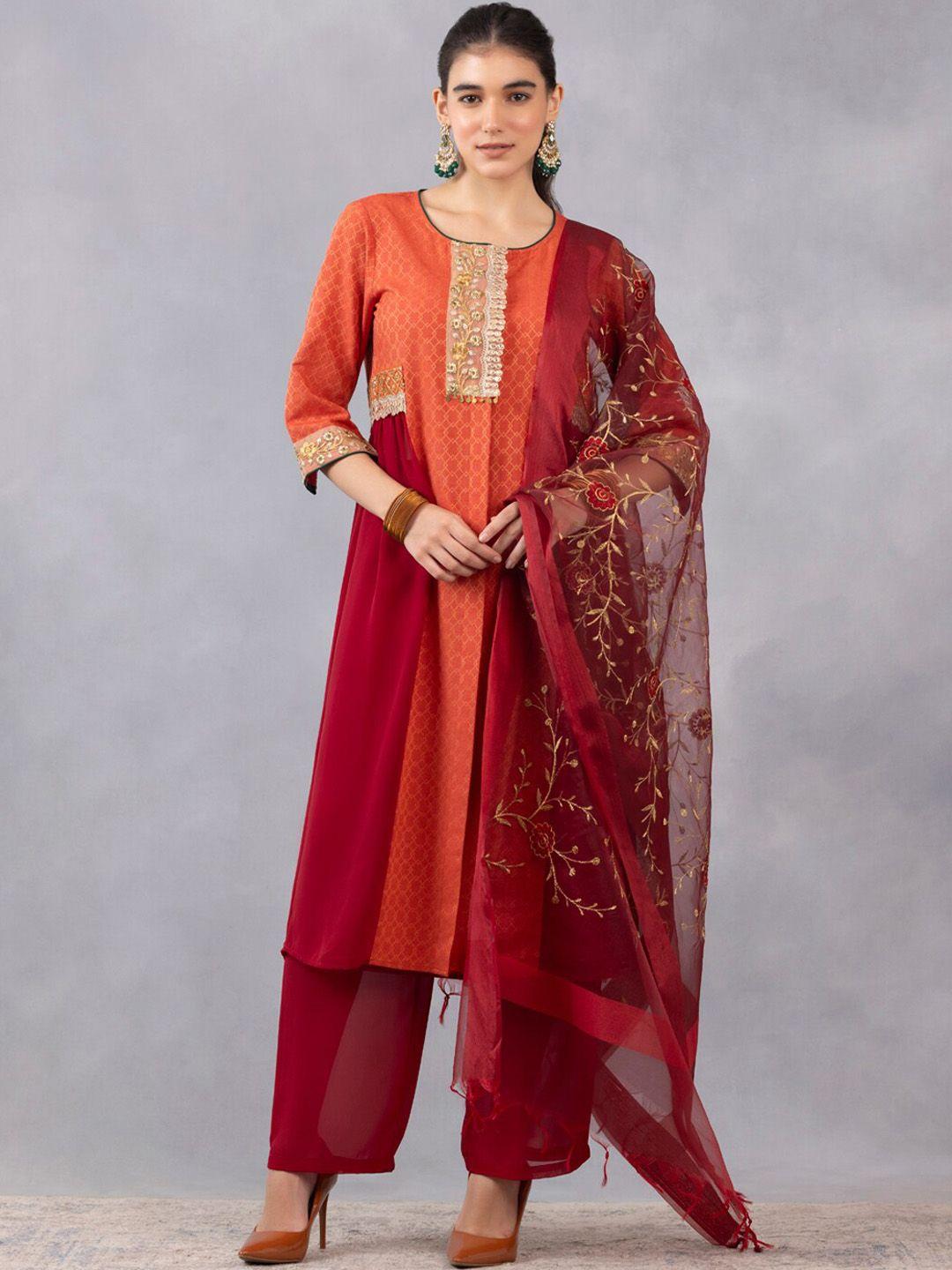 shaye colourblocked regular zardozi kurta with trousers & dupatta