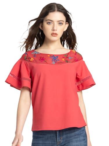 shaye coral casual short sleeves boat neck embroidered top for women