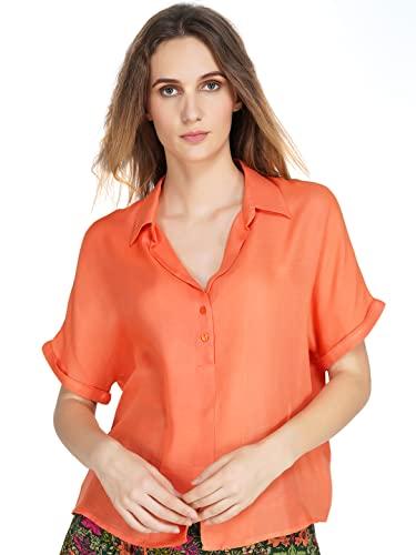 shaye coral regular shirt style top | solid | shirt collar | short | extended sleeves | woven | transparency opaque