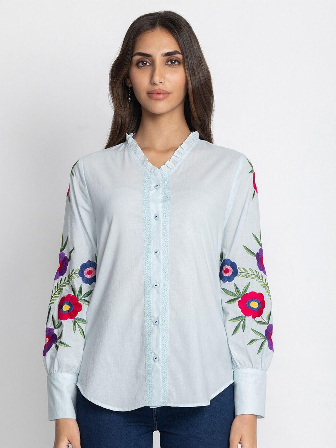 shaye embroidered floral comfort opaque pure cotton casual shirt