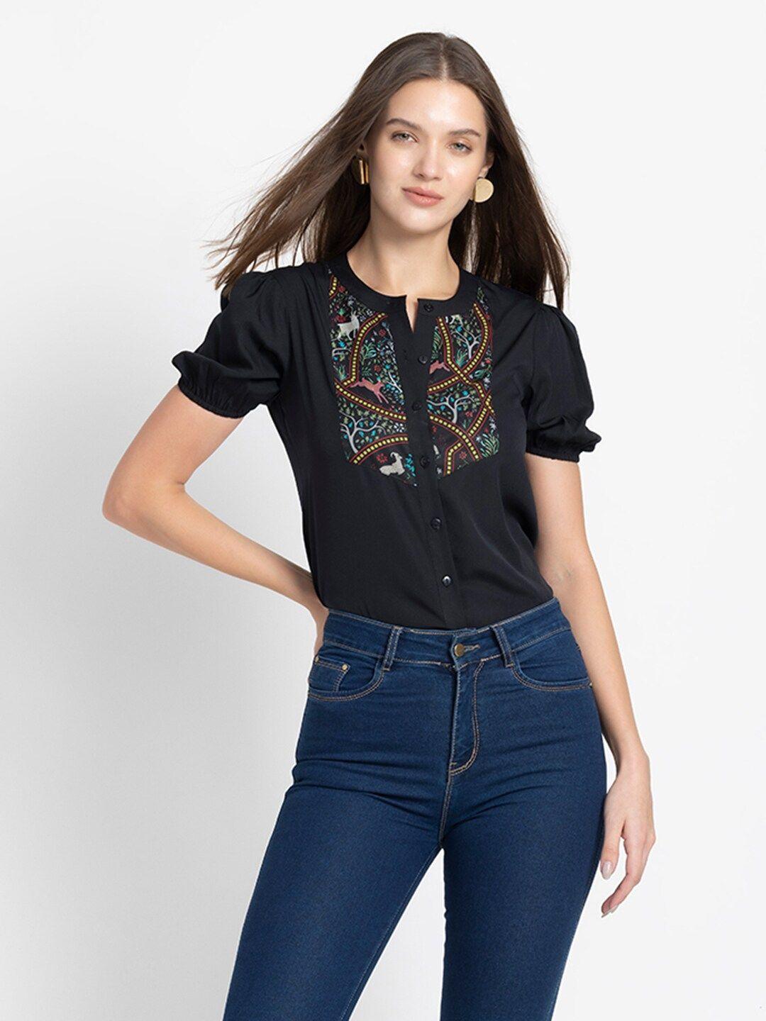 shaye embroidered puff sleeve ethnic crepe shirt style top