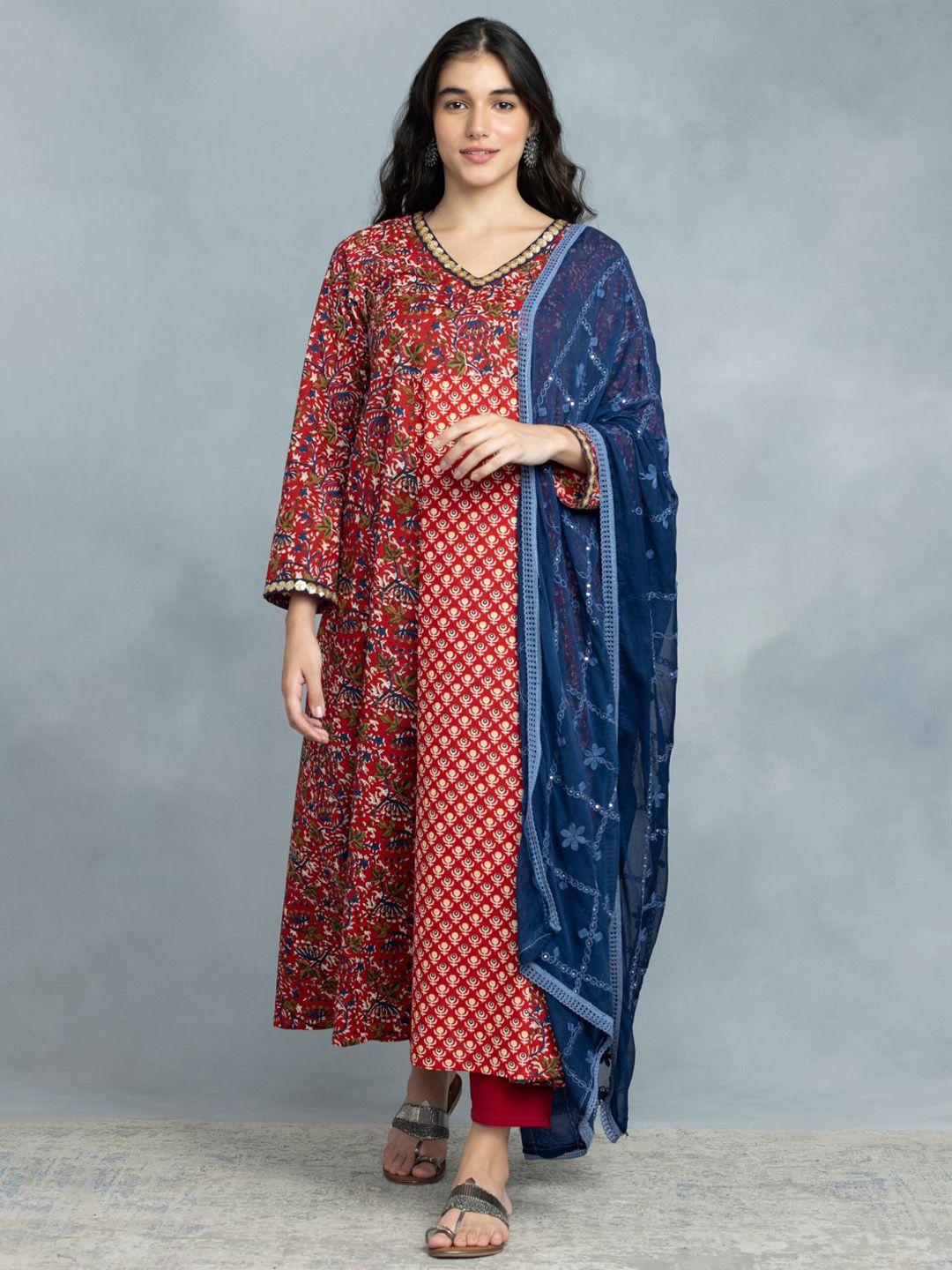 shaye ethnic motifs printed pure cotton kurta with trousers & dupatta