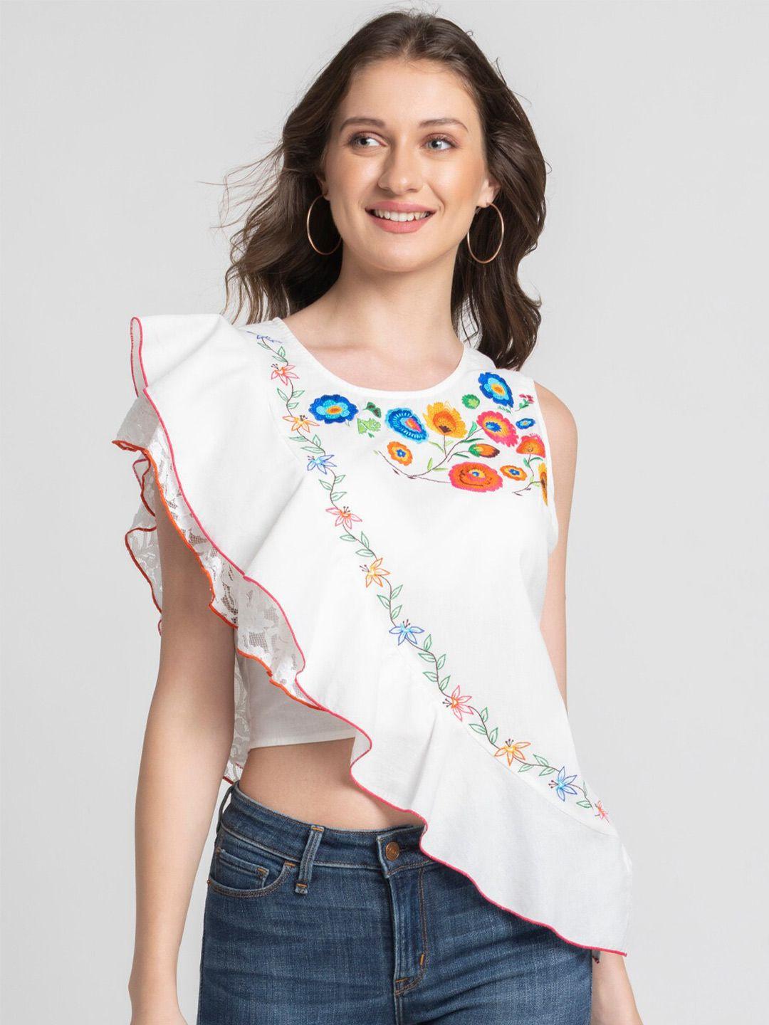 shaye floral embroidered sleeveless ruffled pure cotton crop top