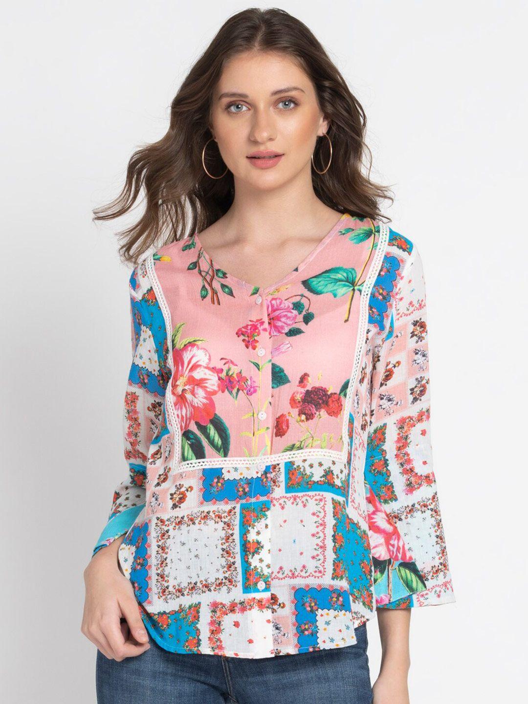shaye floral print v-neck bell sleeve pure cotton shirt style top