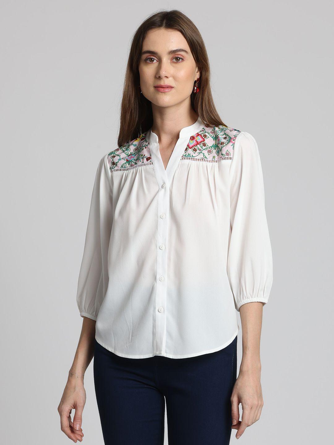 shaye floral printed mandarin collar cuffed sleeves gathered shirt style top