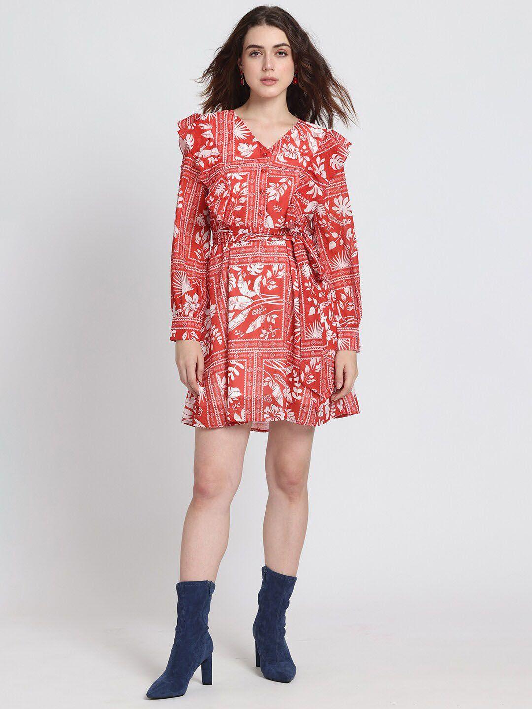 shaye floral printed v-neck cuffed sleeve ruffled & belted georgette fit & flare dress