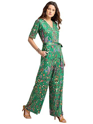 shaye green casual 3/4th sleeves v-neck printed jumpsuit for women