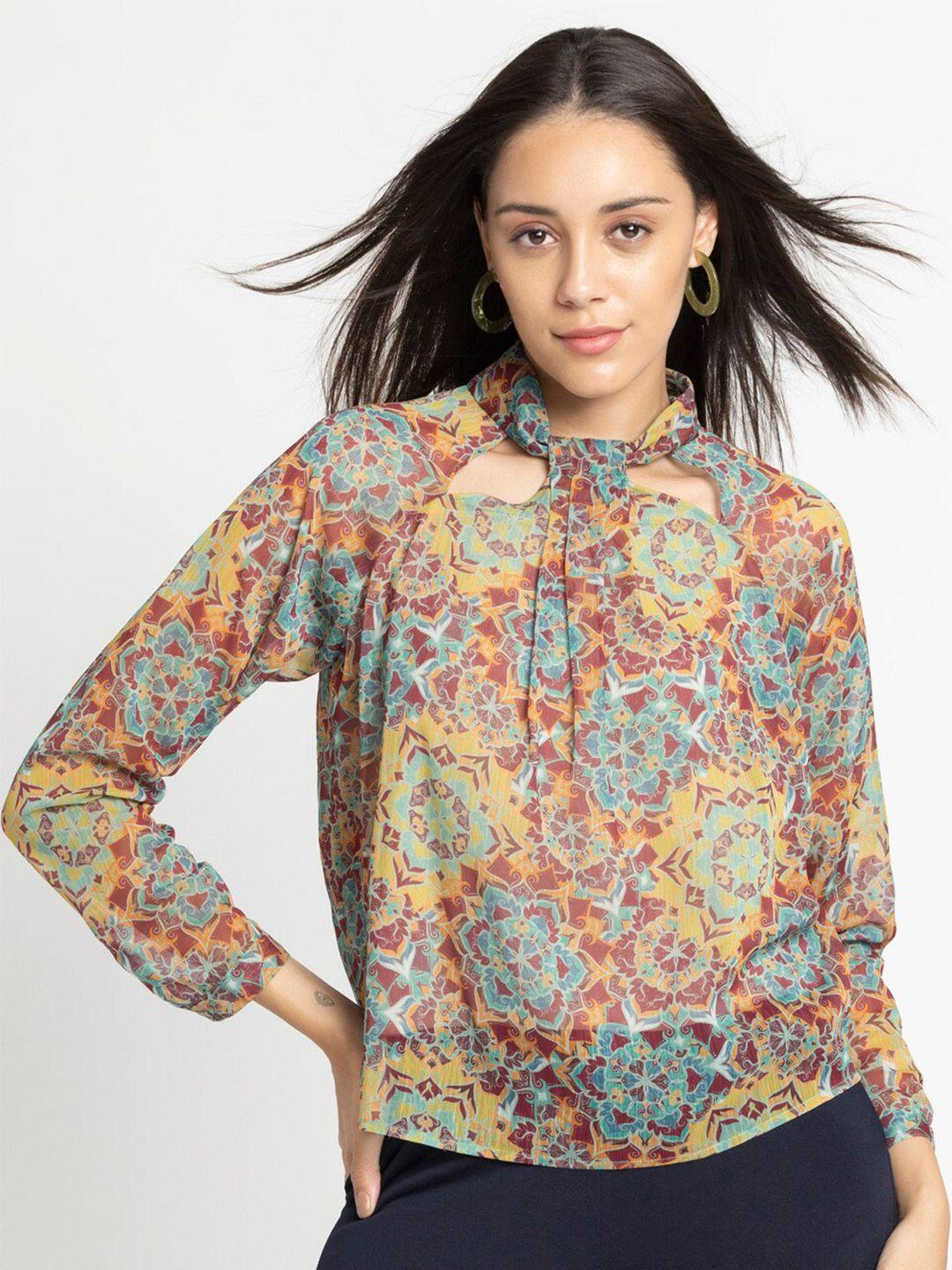 shaye green floral print tie-up neck chiffon blouson top